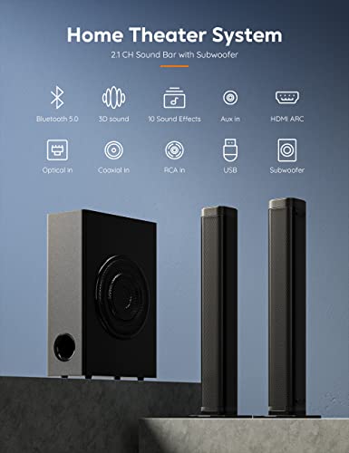 GEOYEAO Sound Bars for TV with Subwoofer, 2.1ch Home Audio Soundbar & 3D & Deep Bass Subwoofer | Bluetooth & Multi-Connection | 2-in-1 Detachable Design | TV Surround Sound Speaker System