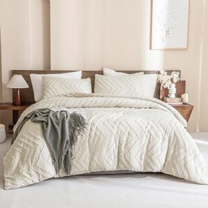 andency beige queen comforter set, 3 pieces boho chevron bedding comforter sets (1 tufted comforter & 2 pillowcases), summer lightweight fluffy shabby chic microfiber down alternative bed set