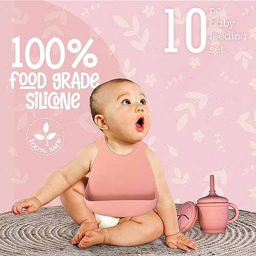 Silicone Baby Feeding Set, Baby Led Weaning Supplies with Suction Bowls for Baby, Toddler Self Feeding Dish Set with Silicone Silverware for Babies Sippy Cup, Feeding Supplies for 6+ Months(Pink)