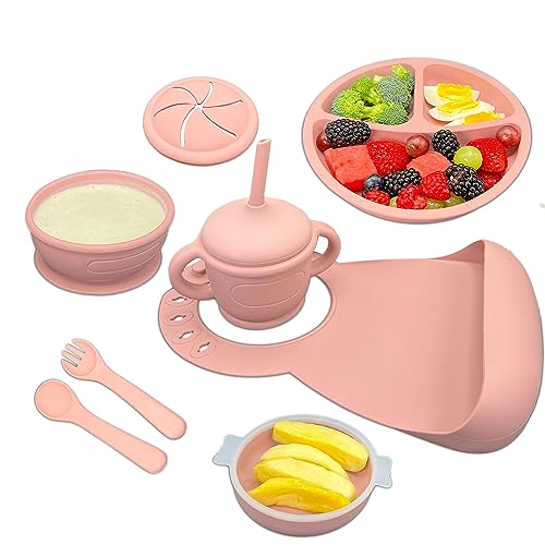 Silicone Baby Feeding Set, Baby Led Weaning Supplies with Suction Bowls for Baby, Toddler Self Feeding Dish Set with Silicone Silverware for Babies Sippy Cup, Feeding Supplies for 6+ Months(Pink)