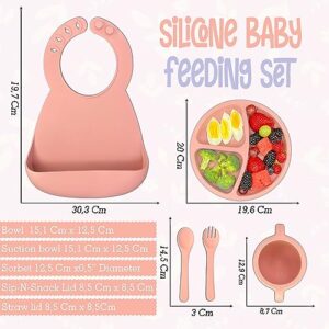 Silicone Baby Feeding Set, Baby Led Weaning Supplies with Suction Bowls for Baby, Toddler Self Feeding Dish Set with Silicone Silverware for Babies Sippy Cup, Feeding Supplies for 6+ Months(Pink)