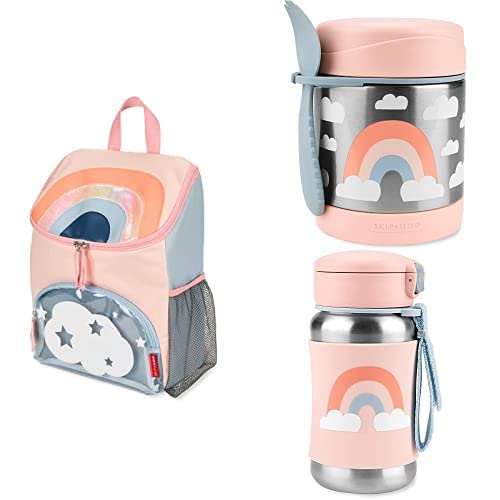 Skip Hop Sparks Kid's Back to School Set with Backpack, Food Jar, and Straw Bottle, Kindergarten Ages 3-4, Rainbow