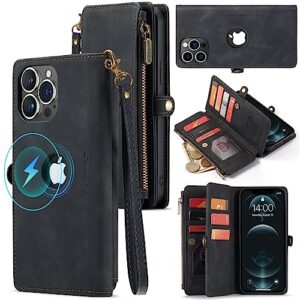 caseme logo view for iphone 13 pro max magsafe wallet case credit card holder,pu leather flip lanyard strap wristlet zipper wireless charging women men for iphone 13 pro max phone case(black)