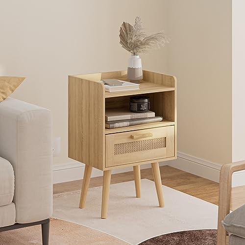 Masupu Night Stand,Bedside Table with PE Rattan Decor Drawer,End Table with Solid Wood Legs, Rattan Furniture,Side Table with Drawer Open Shelf,Rattan Nightstand for Bedroom,Living Room