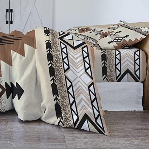 Southwestern America Duvet Cover Twin Size - 4 Pieces Duvet Cover Set, Beige Tribal Geometric Ethnic Vintage Bedding Comforter Cover Zipper Closure, 1 Duvet Cover 1 Fitted Sheet 2 Pillow Shams