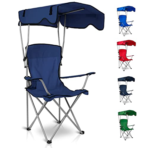 TeqHome Camping Chair with Canopy, Outdoor Folding Lounge Chair with Adjustable UPF 50+ Sun Shade & Cup Holder, Portable Camping Recliner for Camp Beach Outdoor Sports, 350LB Max Support - U.S Spot