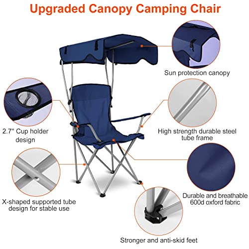 TeqHome Camping Chair with Canopy, Outdoor Folding Lounge Chair with Adjustable UPF 50+ Sun Shade & Cup Holder, Portable Camping Recliner for Camp Beach Outdoor Sports, 350LB Max Support - U.S Spot