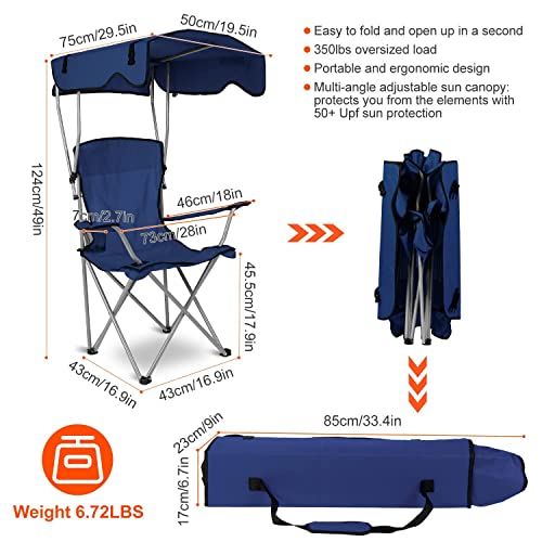 TeqHome Camping Chair with Canopy, Outdoor Folding Lounge Chair with Adjustable UPF 50+ Sun Shade & Cup Holder, Portable Camping Recliner for Camp Beach Outdoor Sports, 350LB Max Support - U.S Spot