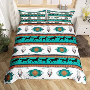 dream catcher horse duvet cover queen size,teal and white comforter cover with 2 pillowcase for teens adults,kids horse silhouette bedding set,exotic style breathable 3 pieces decorative bed cover