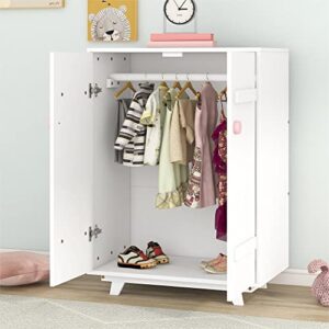 bellemave kids wardrobe with hanging rod, cute wooden wardrobe closet with 2 doors, freestanding wardrobe cabinet, storage armoires for boys girls (white)