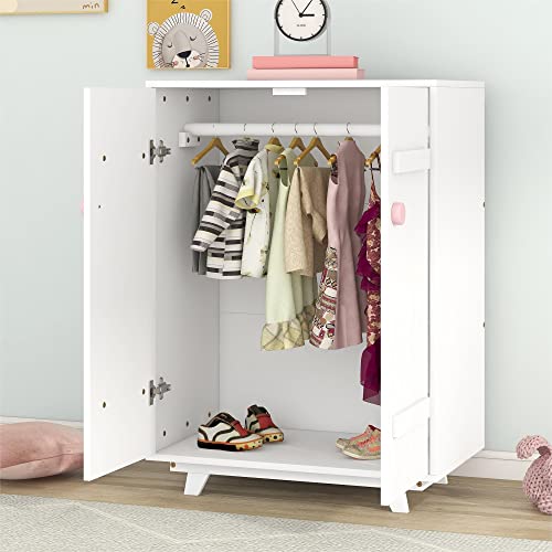 Bellemave Kids Wardrobe with Hanging Rod, Cute Wooden Wardrobe Closet with 2 Doors, Freestanding Wardrobe Cabinet, Storage Armoires for Boys Girls (White)