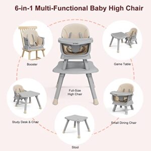 UMOMO Baby High Chair, 6-in-1 Convertible Highchair for Babies and Toddlers/Table and Chair Set/Toddler Chair with Safety Harness, Khaki