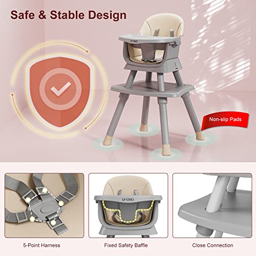 UMOMO Baby High Chair, 6-in-1 Convertible Highchair for Babies and Toddlers/Table and Chair Set/Toddler Chair with Safety Harness, Khaki