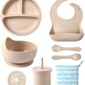 ECLIP Silicone Baby Feeding Set, 10 Pcs Baby Led Weaning Supplies with Suction Bowl Divided Plate Adjustable Bib Soft Spoon Fork Snack Cup with Lid Drinking Cup, Utensil (Beige)