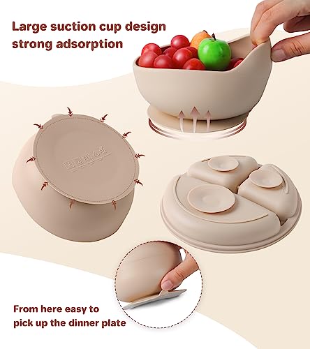 ECLIP Silicone Baby Feeding Set, 10 Pcs Baby Led Weaning Supplies with Suction Bowl Divided Plate Adjustable Bib Soft Spoon Fork Snack Cup with Lid Drinking Cup, Utensil (Beige)