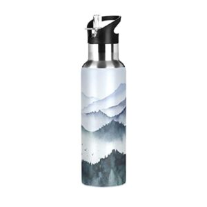 kigai mountain watercolor painting stainless steel sports water bottle bpa-free vacuum insulated leakproof wide mouth flask with straw lid keeps liquids cold or hot for gym travel camping
