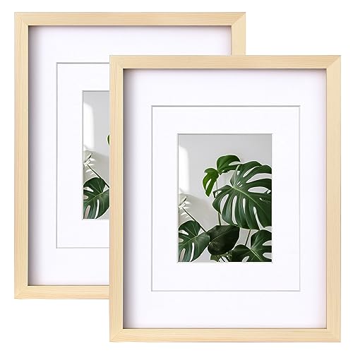 Egofine 11x14 Picture Frames Natural Wood 2 PCS Made of Solid Wood Covered by Plexiglass - for Table Top and Wall Mounting for Pictures 8x10 or 5x7 with Mat Horizontally or Vertically Display Photo Frame