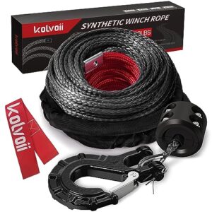 kolvoii synthetic winch rope kit, 1/4 inch x 50ft 8500lbs winch cable with steel hook, protective sleeve and winch cable stopper for atv utv off-road vehicle etc(grey rope, black hook)