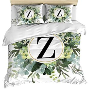 queen duvet cover set - eucalyptus leaves 4 pcs comforter cover bedding sets with zipper closure, z monogram letter watercolor teal botanical microfiber bed sheet soft quilt cover with 2 pillow shams