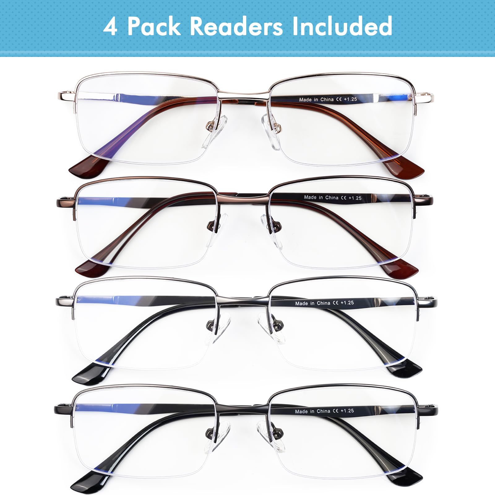 FelixAim 4 Pack Blue Light Blocking Reading Glasses for Men 3.0 Half Rim Metal Readers with Spring Hinge Computer Eyeglasses