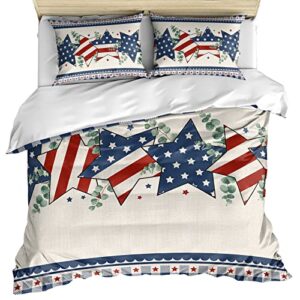 lsrtoss 4th of july queen duvet cover set for all season, independence day eucalyptus leaves blue red star microfiber 3 piece bedding set with 2 pillowcases & 1 quilt cover, 90" w x 92" l, queen size