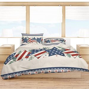 Lsrtoss 4th of July Queen Duvet Cover Set for All Season, Independence Day Eucalyptus Leaves Blue Red Star Microfiber 3 Piece Bedding Set with 2 Pillowcases & 1 Quilt Cover, 90" W x 92" L, Queen Size