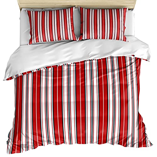 Lsrtoss Red Striped Twin Duvet Cover Set for All Season, Farmhouse Red Blue Stripes Microfiber 3 Piece Bedding Set with 2 Pillowcases & 1 Quilt Cover, 68" W x 86" L, Twin Size