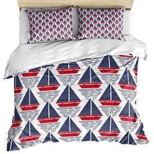 lsrtoss navy blue red boat full duvet cover set for all season, nautical anchor rudder coastal microfiber 3 piece bedding set with 2 pillowcases & 1 quilt cover, 86" w x 86" l, full size