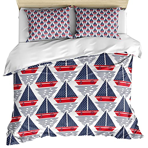 Lsrtoss Navy Blue Red Boat Full Duvet Cover Set for All Season, Nautical Anchor Rudder Coastal Microfiber 3 Piece Bedding Set with 2 Pillowcases & 1 Quilt Cover, 86" W x 86" L, Full Size