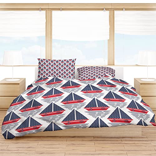 Lsrtoss Navy Blue Red Boat Full Duvet Cover Set for All Season, Nautical Anchor Rudder Coastal Microfiber 3 Piece Bedding Set with 2 Pillowcases & 1 Quilt Cover, 86" W x 86" L, Full Size