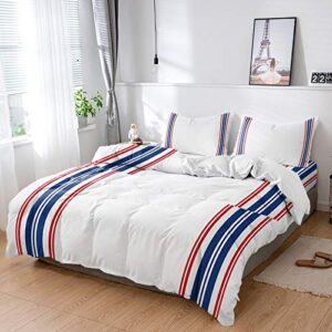 chaven home independence day 4 piece twin bedding set, duvet covers sets blue red striped comforter cover, bed sheet and 2 pillowcase for woman/man/teen/kid bedroom decor minimalist lines white