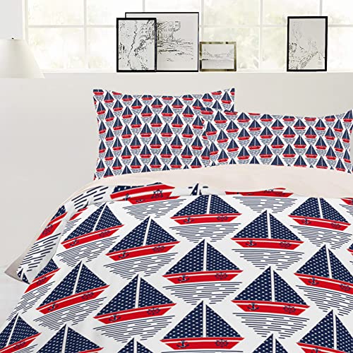 Lsrtoss Navy Blue Red Boat Full Duvet Cover Set for All Season, Nautical Anchor Rudder Coastal Microfiber 3 Piece Bedding Set with 2 Pillowcases & 1 Quilt Cover, 86" W x 86" L, Full Size