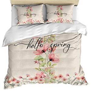 hello spring california king duvet cover set, teal red spring floral botanical rustic burlap microfiber 3 piece bedding set with 2 pillowcases & 1 quilt cover, 92"w x 106"l, california king size