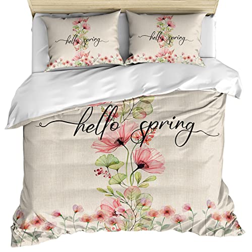 Hello Spring California King Duvet Cover Set, Teal Red Spring Floral Botanical Rustic Burlap Microfiber 3 Piece Bedding Set with 2 Pillowcases & 1 Quilt Cover, 92"W x 106"L, California King Size