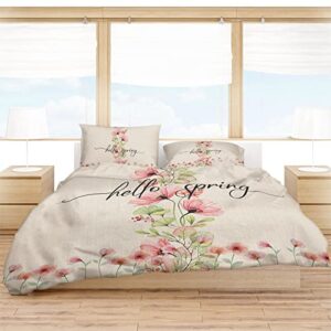 Hello Spring California King Duvet Cover Set, Teal Red Spring Floral Botanical Rustic Burlap Microfiber 3 Piece Bedding Set with 2 Pillowcases & 1 Quilt Cover, 92"W x 106"L, California King Size