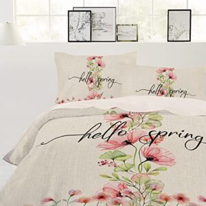 Hello Spring California King Duvet Cover Set, Teal Red Spring Floral Botanical Rustic Burlap Microfiber 3 Piece Bedding Set with 2 Pillowcases & 1 Quilt Cover, 92"W x 106"L, California King Size