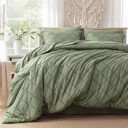 Boho Olive Green Comforter Set with Jacquard Tufted Design, Farmhouse Bedding Sets for All Seasons, Soft 7 Pieces Queen Bed in a Bag with Comforter, Flat Sheet, Fitted Sheet, Pillowcases & Shams