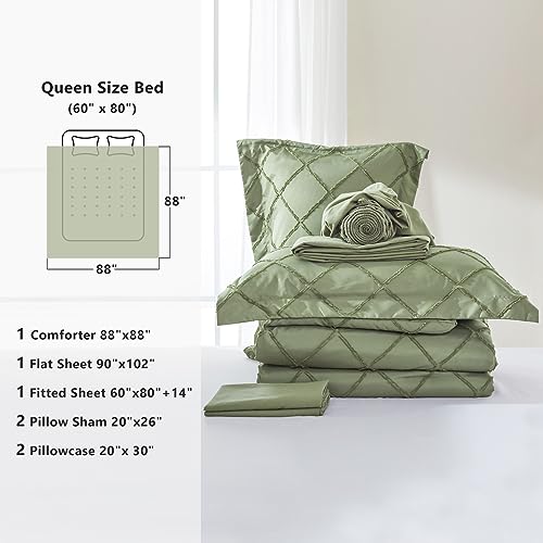 Boho Olive Green Comforter Set with Jacquard Tufted Design, Farmhouse Bedding Sets for All Seasons, Soft 7 Pieces Queen Bed in a Bag with Comforter, Flat Sheet, Fitted Sheet, Pillowcases & Shams