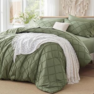 Boho Olive Green Comforter Set with Jacquard Tufted Design, Farmhouse Bedding Sets for All Seasons, Soft 7 Pieces Queen Bed in a Bag with Comforter, Flat Sheet, Fitted Sheet, Pillowcases & Shams