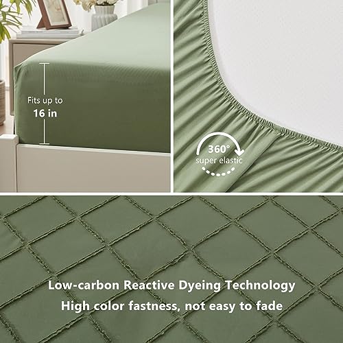 Boho Olive Green Comforter Set with Jacquard Tufted Design, Farmhouse Bedding Sets for All Seasons, Soft 7 Pieces Queen Bed in a Bag with Comforter, Flat Sheet, Fitted Sheet, Pillowcases & Shams