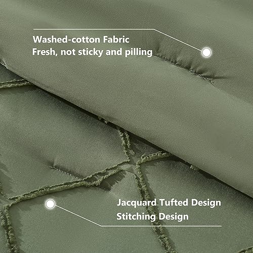 Boho Olive Green Comforter Set with Jacquard Tufted Design, Farmhouse Bedding Sets for All Seasons, Soft 7 Pieces Queen Bed in a Bag with Comforter, Flat Sheet, Fitted Sheet, Pillowcases & Shams