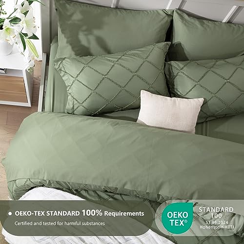 Boho Olive Green Comforter Set with Jacquard Tufted Design, Farmhouse Bedding Sets for All Seasons, Soft 7 Pieces Queen Bed in a Bag with Comforter, Flat Sheet, Fitted Sheet, Pillowcases & Shams