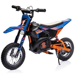 24v electric off-road motorcycle,250w motor 13.6mph fast speed motocross,leather seat dirt bike,twist grip throttle,metal suspension,air-filled tires,for kids teens age 13+ (blue)