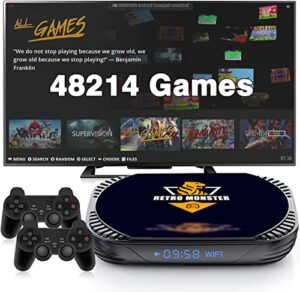 retro game console with 48214 retro games, s905x4 game consoles plug and play for 4k tv, emuelec 4.6 game system, android 11, 256g super emulator console with 76 emulators, 2 wireless controller, wifi