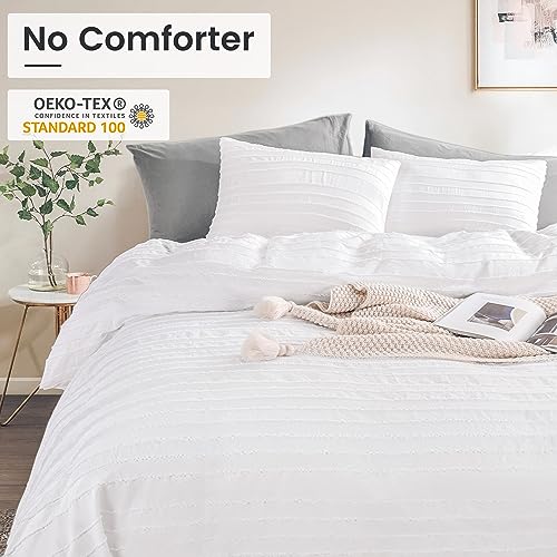 NEXHOME PRO Duvet Cover Queen Size, White 3 Pieces Boho Tufted Duvet Cover Set, Soft and Lightweight Microfiber Comforter Cover Set for All Season (White Queen, 90 x 90)-No Comforter