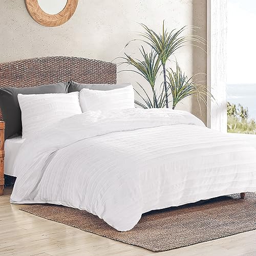 NEXHOME PRO Duvet Cover Queen Size, White 3 Pieces Boho Tufted Duvet Cover Set, Soft and Lightweight Microfiber Comforter Cover Set for All Season (White Queen, 90 x 90)-No Comforter