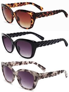 ladeesse bifocal sunglasses for women cateye stylish reading glasses 3 pack uv400 magnifying readers glasses +2.25