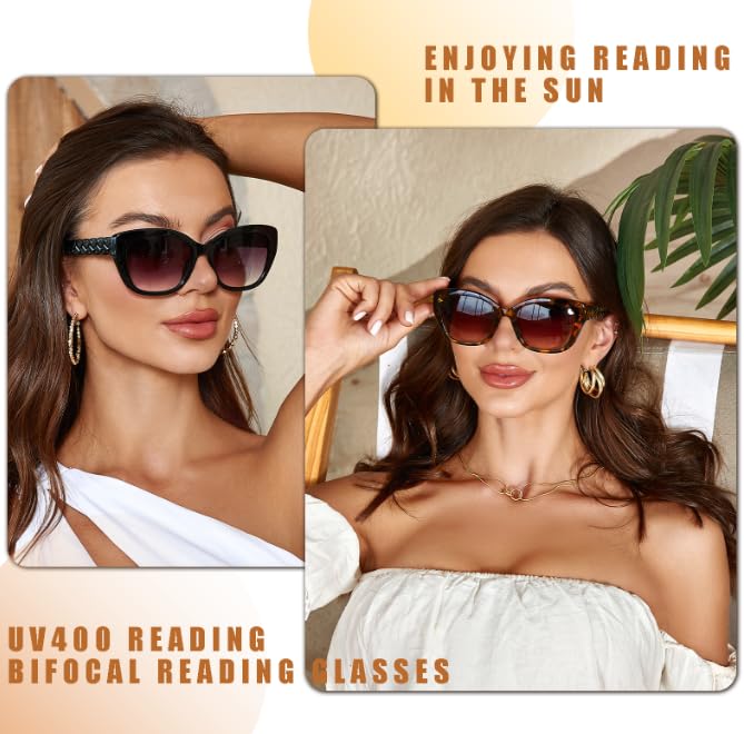 LADEESSE Bifocal Sunglasses For Women Cateye Stylish Reading Glasses 3 Pack UV400 Magnifying Readers Glasses +2.25