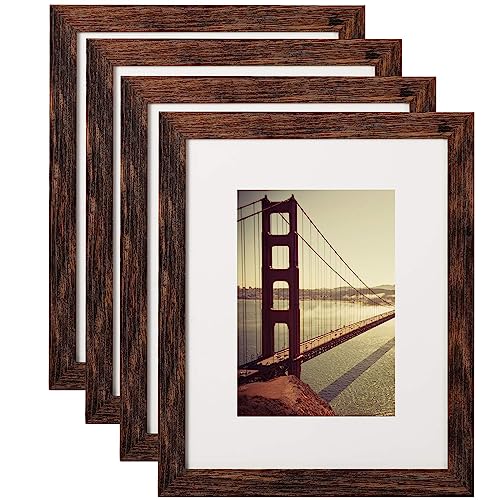 BAIJIALI 8x10 Picture Frame Rustic Brown Wood Pattern with HD Plexiglass,Display Photos 5x7 with Mat or 8x10 Without Mat, Horizontal and Vertical Formats for Wall and Table Mounting,4 Packs