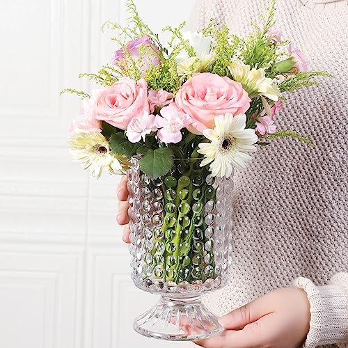 DECORSWITH Embossed Glass Vase, Vintage Clear Glass Vase, Clear Compote Vase, Pedestal Vase for Centerpieces Tables Home Decor Wedding Gift (GVCV006YD)